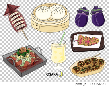 大阪美食線描插圖集:章魚燒、豬肉包、炸雞火鍋等日本美食,白色背景。 大阪美食線描插圖集:章魚燒、豬肉包、炸雞火鍋等日本美食,白色背景。 143156347