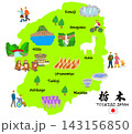 栃木県旅行、手描きの観光スポットと観光客フラットイラスト 143156850