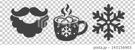 Christmas icons featuring Santa's beard, hot chocolate, and snowflakes. 143156903