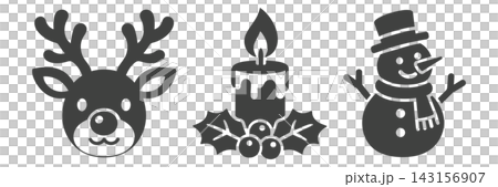A monochrome icon set featuring reindeer, Christmas candles, and a snowman. A monochrome icon set featuring reindeer, Christmas candles, and a snowman. 143156907
