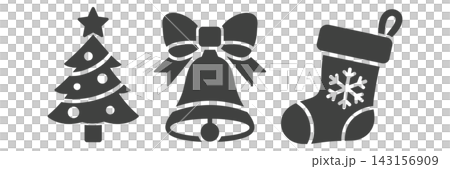 A monochrome holiday icon set featuring a Christmas tree, bells, and stockings. A monochrome holiday icon set featuring a Christmas tree, bells, and stockings. 143156909