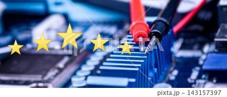 Computer Hardware Quality Rating with Electronic Test Probes, Motherboard Diagnostics and Five Star Service Concept Computer Hardware Quality Rating with Electronic Test Probes, Motherboard Diagnostics and Five Star Service Concept 143157397