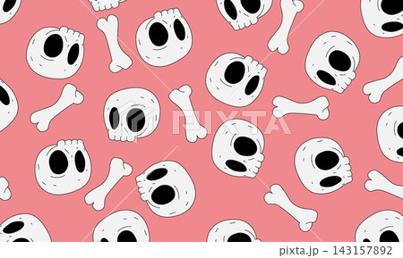 Skull and bone cartoon in doodle style on pink background. Skull and bone cartoon in doodle style on pink background. 143157892