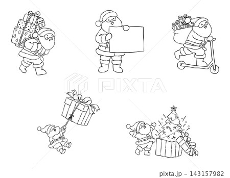 Christmas Santa cartoon outline coloring collection featuring six playful scenes with gifts, reindeer, scooter, signboard, decorated tree, presents, delivery actions, and festive holiday characters 143157982