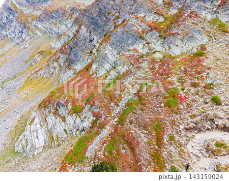 Hiking on a rocky mountain slope with colorful vegetation in autumn season near some hills Hiking on a rocky mountain slope with colorful vegetation in autumn season near some hills 143159024