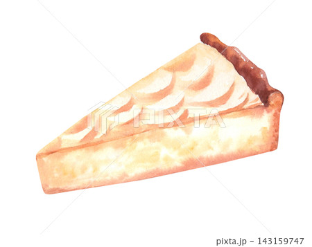 Watercolor illustration: a slice of layered cream pie with a golden-brown crust and apple slices on top, close-up, on a clean white background. Watercolor illustration: a slice of layered cream pie with a golden-brown crust and apple slices on top, close-up, on a clean white background. 143159747
