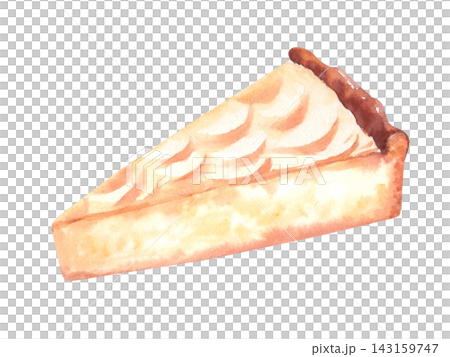 Watercolor illustration: a slice of layered cream pie with a golden-brown crust and apple slices on top, close-up, on a clean white background. Watercolor illustration: a slice of layered cream pie with a golden-brown crust and apple slices on top, close-up, on a clean white background. 143159747