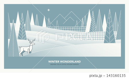 Minimalist geometric reindeer and pines forest in winter wonderland on light blue gray background modern retro style horizontal template have blank space. Minimalist geometric reindeer and pines forest in winter wonderland on light blue gray background modern retro style horizontal template have blank space. 143160135