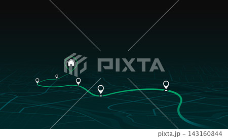 Perspective city map featuring directional signs, Home as an intended goal point and multiple markers. An abstract navigation plan highlights POI including city streets, blocks. Vector illustration 143160844