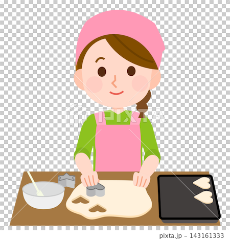 餅乾製作 2:一位女士正在切割餅乾形狀(插圖) 餅乾製作 2:一位女士正在切割餅乾形狀(插圖) 143161333