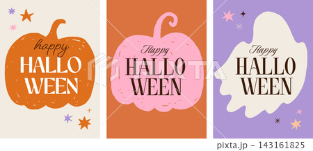 Happy Halloween greeting card collection with pumpkins and ghost frame. Grunge hand drawn vector Happy Halloween greeting card collection with pumpkins and ghost frame. Grunge hand drawn vector 143161825
