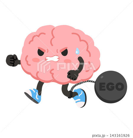 Ego concept shown as angry brain character chained to heavy ball weight Ego concept shown as angry brain character chained to heavy ball weight 143161926
