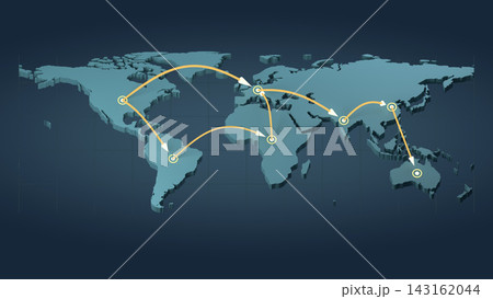 立体の世界地図と琥珀色の矢印 国際送金と物流の図解 立体の世界地図と琥珀色の矢印 国際送金と物流の図解 143162044