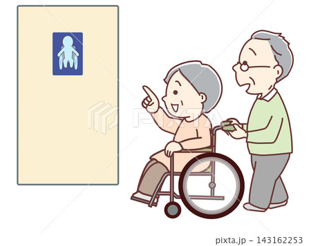 介護、トイレを指さす、車いすの女性をトイレに連れていく介護者 143162253