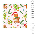 A cute and cozy seamless pattern for the winter holidays, featuring smiling gingerbread men in Santa hats, festive Christmas trees, and green spruce sprigs. 143162289