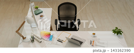 3D Illustration of Architect or Graphic Designer Workspace Desk with Color Swatches, Blueprint, Laptop and Office Chair 3D Illustration of Architect or Graphic Designer Workspace Desk with Color Swatches, Blueprint, Laptop and Office Chair 143162390