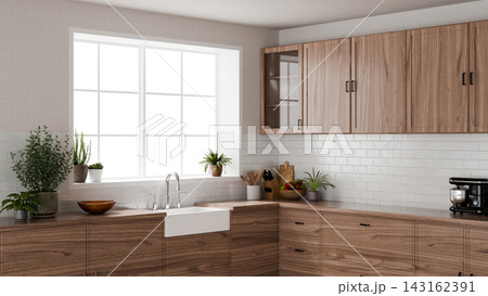 3D Illustration of Modern Scandinavian Kitchen Interior with Wooden Cabinets, Farmhouse Sink, and Indoor Plants 3D Illustration of Modern Scandinavian Kitchen Interior with Wooden Cabinets, Farmhouse Sink, and Indoor Plants 143162391