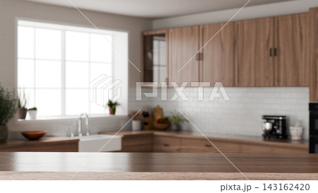 3D Illustration of Modern Scandinavian Kitchen Interior with Wooden Countertop and Blurred Background 3D Illustration of Modern Scandinavian Kitchen Interior with Wooden Countertop and Blurred Background 143162420