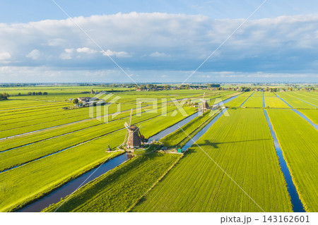 Aerial drone view of traditional windmills in the Netherlands. Aerial drone view of traditional windmills in the Netherlands. 143162601