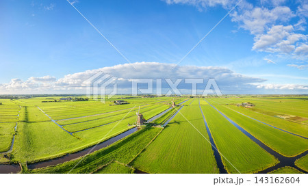 Aerial drone view of traditional windmills in the Netherlands. Panoramic view. Aerial drone view of traditional windmills in the Netherlands. Panoramic view. 143162604