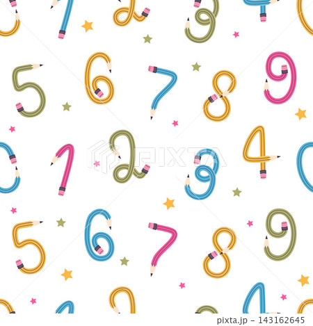 Flexible Curved Pencils Numbers Seamless Pattern. Multicolored Bendy Digits 0 to 9 Stationery Supplies on White Background, Creative Vector Flat Illustration for School Back to School Education Design 143162645