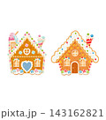 A set of two festive Christmas gingerbread houses decorated with colorful sweets, lollipops, sprinkles, and white icing snow 143162821
