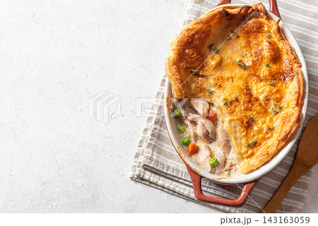 Chicken pot pie, Creamy chicken pie with puff pastry Chicken pot pie, Creamy chicken pie with puff pastry 143163059
