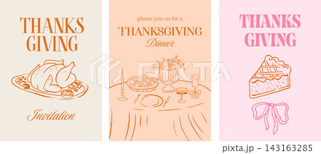 Whimsical Happy Thanksgiving vintage greeting card collection with turkey, dinner table and pumpkin 143163285