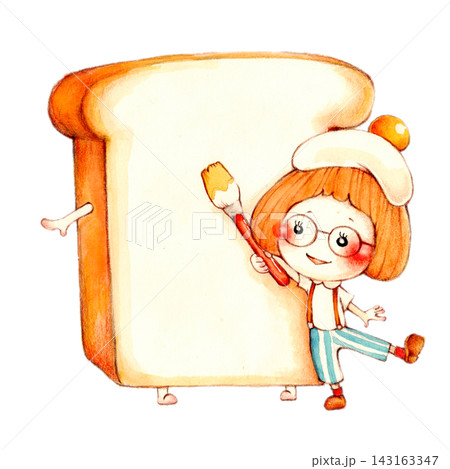 大きな食パンに絵を描く女の子の手描きイラスト 143163347