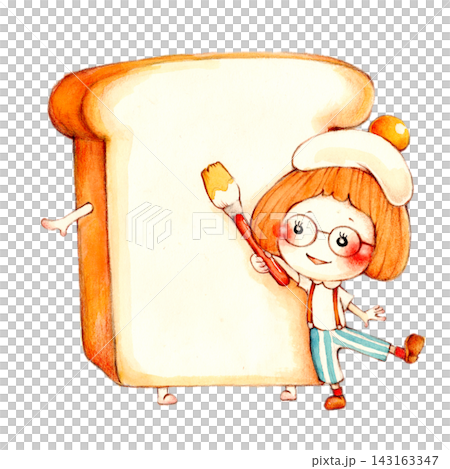 大きな食パンに絵を描く女の子の手描きイラスト 143163347