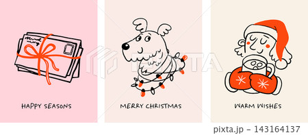 Whimsical Christmas greeting card collection with holiday mail, cute dog and cozy Santa character Whimsical Christmas greeting card collection with holiday mail, cute dog and cozy Santa character 143164137