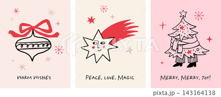 Whimsical winter holiday greeting card collection with Christmas bauble decoration, shooting star 143164138