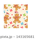 A cute, festive winter seamless pattern featuring smiling gingerbread men wearing scarves and chef's hats, interspersed with colorful peppermint candies and round sprinkles 143165681