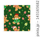 A cute, seamless winter holiday pattern featuring a smiling gingerbread man in a Santa hat and a gingerbread girl in a green dress, accented with candy canes, candies, and magical sparkles 143165682