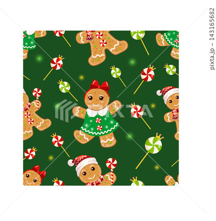 A cute, seamless winter holiday pattern featuring a smiling gingerbread man in a Santa hat and a gingerbread girl in a green dress, accented with candy canes, candies, and magical sparkles A cute, seamless winter holiday pattern featuring a smiling gingerbread man in a Santa hat and a gingerbread girl in a green dress, accented with candy canes, candies, and magical sparkles 143165682