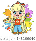 Cute cartoon long haired girl holding the palette with paints and brushes color variation 143166040