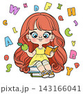 Cute cartoon longhaired girl sit on textbooks and read color variation 143166041