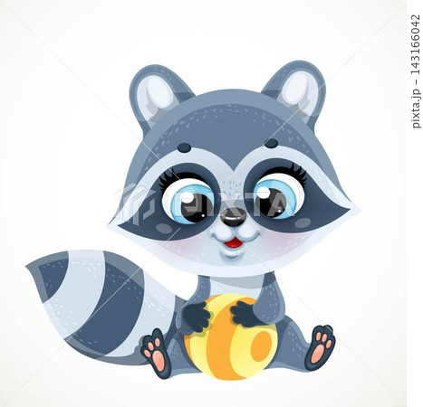 Cute cartoon baby raccoon with stripped ball sit on a white background 143166042