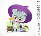 Cute baby cat in the wizard's hat and cloak brews a potion from ingredient in bottle in cauldron  143166045