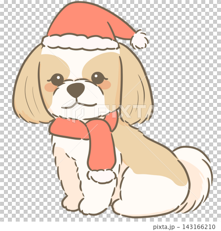 An illustration of a Shih Tzu wearing a Christmas Santa hat and a red scarf. An illustration of a Shih Tzu wearing a Christmas Santa hat and a red scarf. 143166210