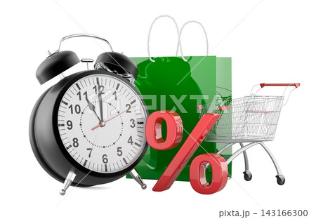 Alarm clock with shopping cart, discount sale and limited time offer concept. 3D rendering Alarm clock with shopping cart, discount sale and limited time offer concept. 3D rendering 143166300