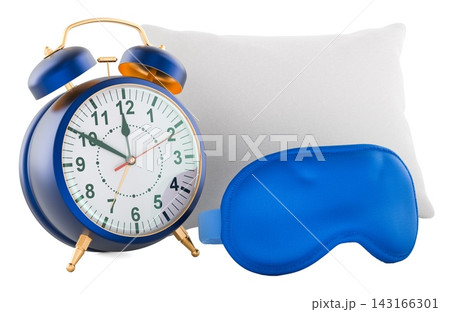 Alarm clock with sleep mask and pillow, bedtime and wake up concept. 3D rendering Alarm clock with sleep mask and pillow, bedtime and wake up concept. 3D rendering 143166301