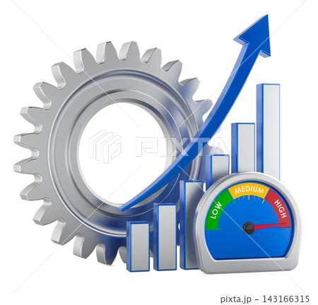 Gear with rising chart and high performance gauge, productivity growth concept. 3D rendering Gear with rising chart and high performance gauge, productivity growth concept. 3D rendering 143166315