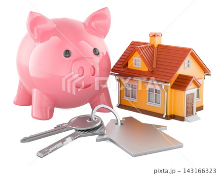 Piggy bank with house and keys, home savings and mortgage concept. 3D rendering 143166323