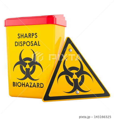 Sharps disposal container with biohazard warning sign, medical waste safety, concept. 3D rendering 143166325