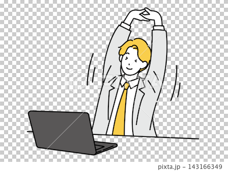 An illustration of a male office worker stretching at his desk. An illustration of a male office worker stretching at his desk. 143166349