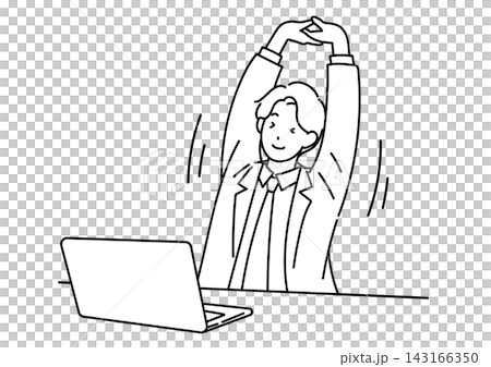 An illustration of a male office worker stretching at his desk. An illustration of a male office worker stretching at his desk. 143166350