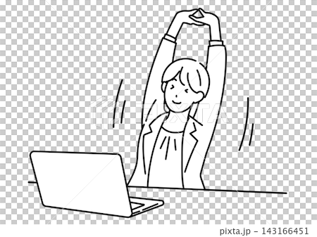 An illustration of a female office worker stretching at her desk. An illustration of a female office worker stretching at her desk. 143166451