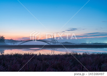 Sunrise Dawn over Misaeng Bridge with Water Reflection in Siheung Wetland, South Korea Sunrise Dawn over Misaeng Bridge with Water Reflection in Siheung Wetland, South Korea 143166497