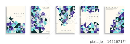 Collection of bright color posters with abstract geometric decorative mosaic print. Vector modern placards, brochures, banners, backgrounds, cards. Business corporate unusual covers 143167174